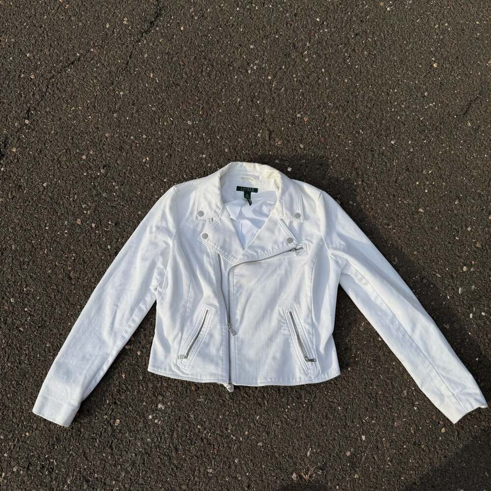 Lauren Ralph Lauren Size 10 White Denim Moto Jacket Biker Style Cotton Blend